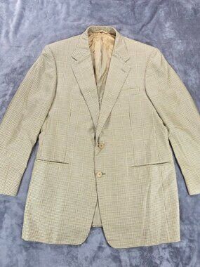 Hickey Freeman Blazer 43L Tan Houndstooth Silk Wool Sport Coat Mens 2 Button